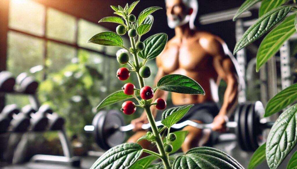 L'image met en valeur le lien entre Musculation et Ashwagandha, la plante et ses baies rouges éclatantes dans un gros plan saisissant. En arrière-plan, on voit un individu musclé soulever des poids dans une salle de sport, soulignant l'accent mis par le site sur cette plante puissante et ses bienfaits potentiels pour la musculation et la remise en forme.