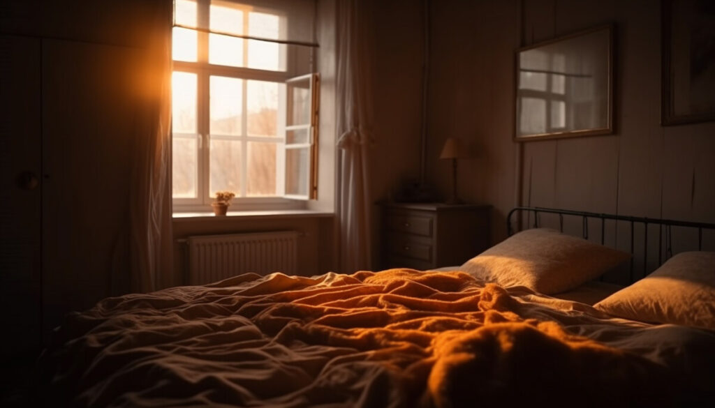 L'image capture magnifiquement l'essence de l'Ashwagandha, en parfaite adéquation avec l'objectif de notre site. Dans une chambre douillette, la lumière du soleil pénètre par une fenêtre ouverte, projetant une lueur chaleureuse sur le lit défait habillé de draps orange. L'air est empli du parfum réconfortant de l'Ashwagandha, qui persiste après une séance de musculation matinale.