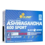 L'image met en valeur l'Ashwagandha, en parfaite adéquation avec l'orientation du site. Olimp Sport Nutrition présente une boîte d'Ashwagandha 600 Sport contenant 60 gélules, avec un packaging qui met en avant ses bienfaits pour l'endurance cardio-respiratoire et la qualité exceptionnelle du produit.