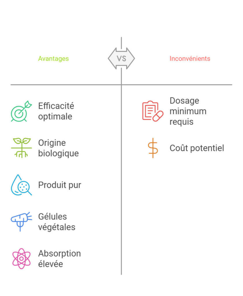 Tableau comparatif mettant en avant les avantages : « Efficacité optimale », « Origine biologique », « Produit pur », « Gélules végétales » et « Forte absorption », contre les inconvénients : « Dosage minimal requis » et « Coût potentiel ». Découvrez pourquoi les compléments alimentaires à base d'ashwagandha gagnent en popularité en France en raison de leur statut légal.
