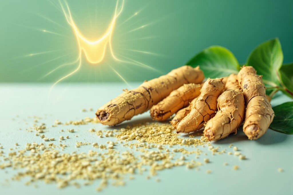 L'image met en valeur l'Ashwagandha en présentant des racines posées sur une surface avec de la poudre écrasée. Un symbole lumineux flotte au-dessus, sur un fond vert avec une plante feuillue à côté des racines, soulignant les effets et les bienfaits holistiques de l'Ashwagandha sur le bien-être.